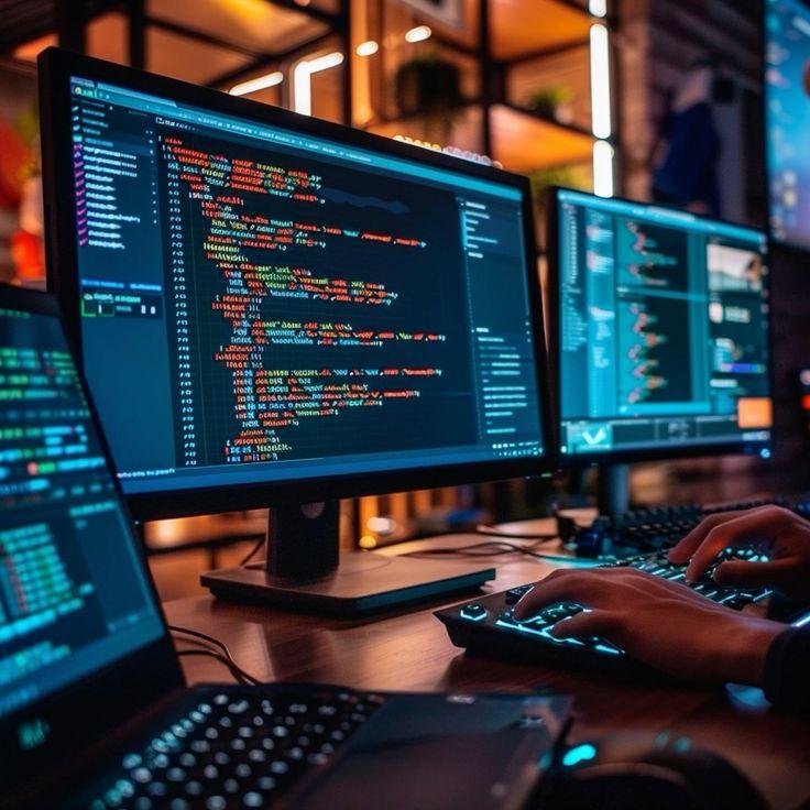 A developer coding on multiple screens in a modern office.